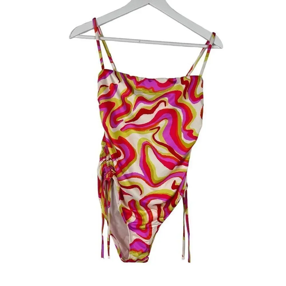 SANCTUARY Women's Neon Swirl Ruched-Side Swimsuit size Medium